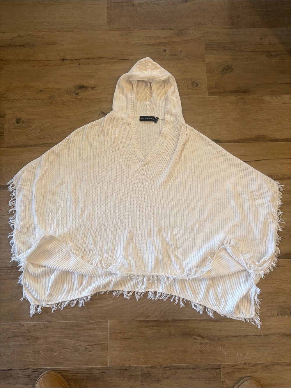 525 America Cream Hooded Fringe Poncho Sweater